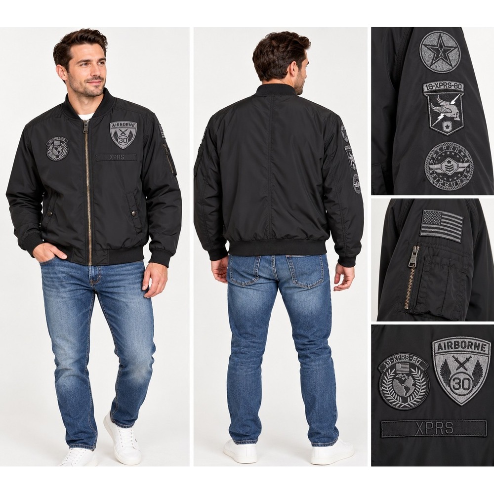 Express Mens Black Bomber Jacket With Military Patches Size Small
